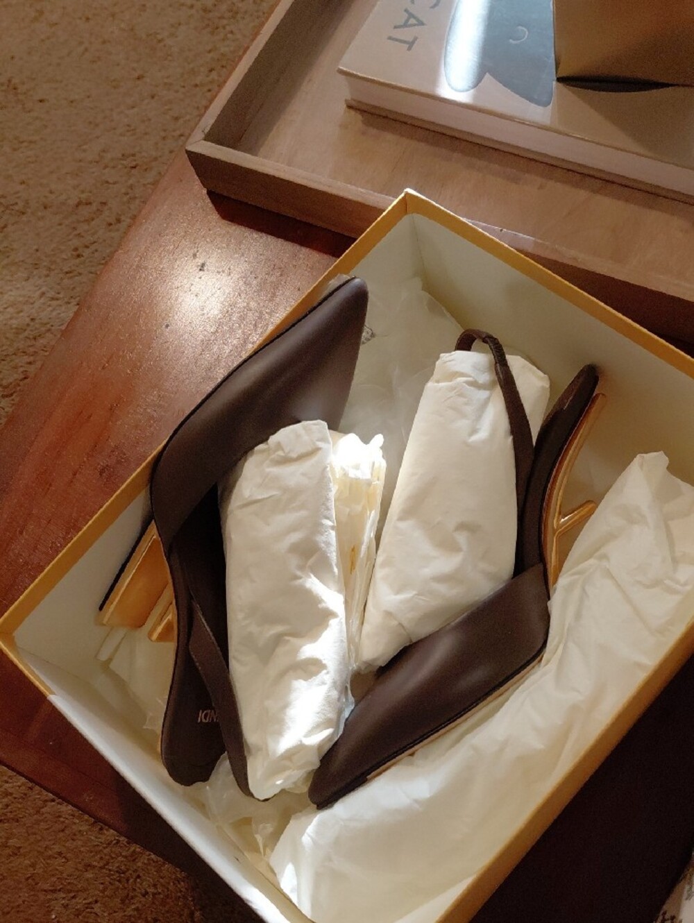 Fendi Brown Leather Slingback Pumps with Gold Heel - Picture 4 of 8
